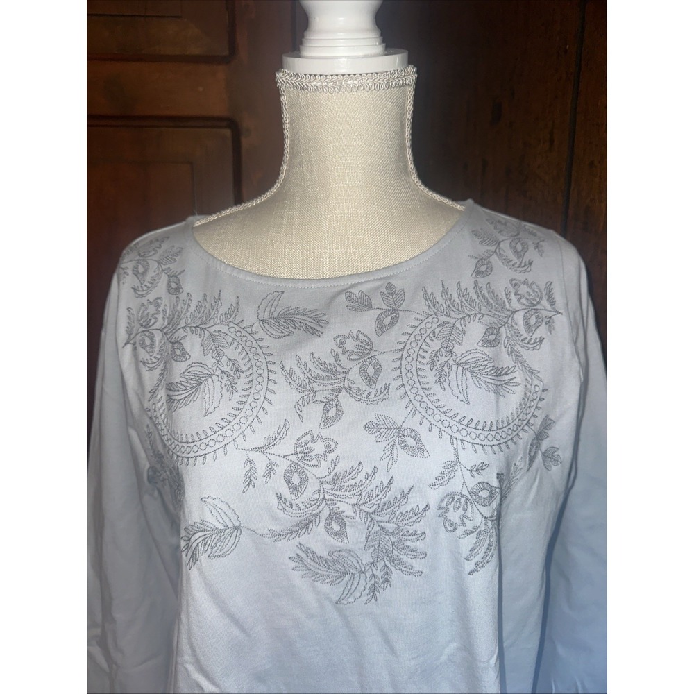 Womens J Jill Pure Jill Embroidered Neck Blue Tunic 100% Cotton Long Sleeve Sz M - Picture 2 of 5